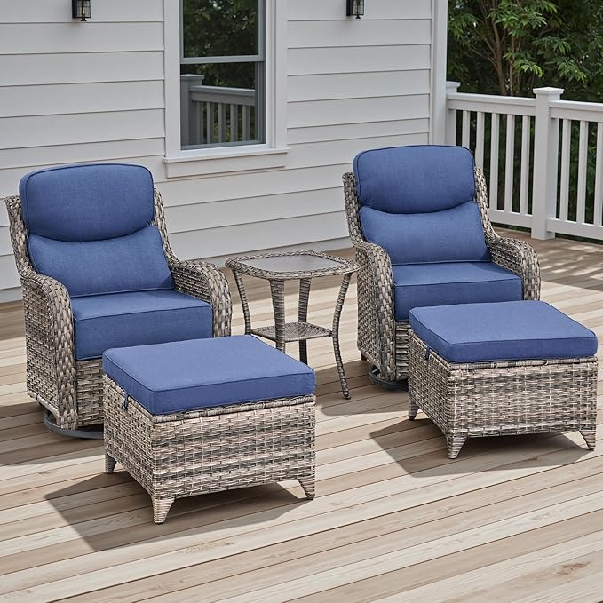 Rilyson Wicker Outdoor Patio Furniture Set - 5 Piece Patio Conversation Sets with Swivel Rocker Chairs, Ottomans and Side Table, 6 inch Cushions, Waterproof Wicker, for Porch Deck Mixed Grey/Blue