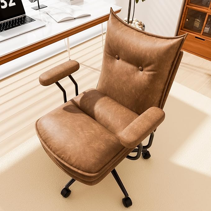 Brown Leather Office Chair with Wheels, Triple-Layers Thicken Wide Seat Height Adjustable, Mid-Century Modern Comfy Desk Chair for Home, Office
