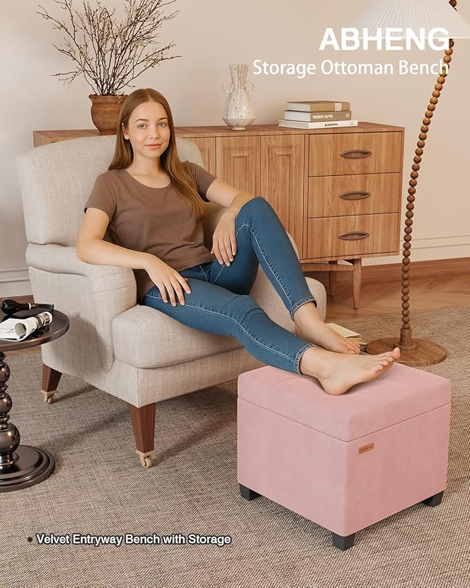 17.7 inches Velvet turfed Ottomans Cube with Storage, Metal-Framed Square Storage Ottoman Foot Rest Stool Holds 770 LB for Dorm Living Room Bedroom Pink UASND64P