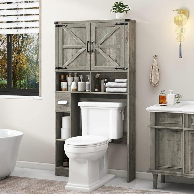 Vabches Over The Toilet Storage Cabinet, Farmhouse Storage Cabinet Over Toilet with 2 Barn Doors & Toilet Paper Holder Stand,Home Space-Saving Toilet Rack, for Laundry, Bathroom, Restroom.Grey Oak
