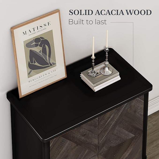 Lenia Solid Wood Storage Cabinet with Diamond Pattern Doors, Rustic Farmhouse Accent Cabinet for Living Room, or Entryway, Durable Acacia Wood, Mocha Black