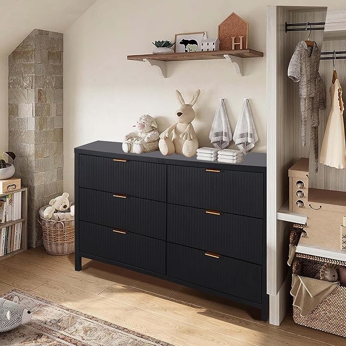 Fluted 6 Drawer Double Dresser for Bedroom, 47" Wide Modern Closet Dressers Chest of Drawers, Wood Storage Dresser Organizer for Nursery Bedroom Living Room Hallway Closet, Black
