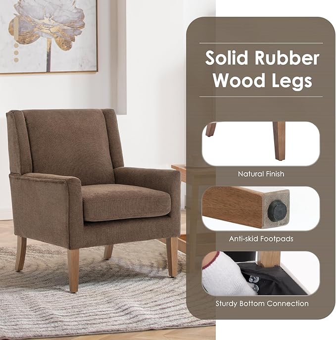 COLAMY Modern Wingback Living Room Chair Set of 2, Upholstered Fabric Accent Armchair, Single Sofa Chair with Lounge Seat and Wood Legs for Bedroom/Office/Reading Spaces, Brown