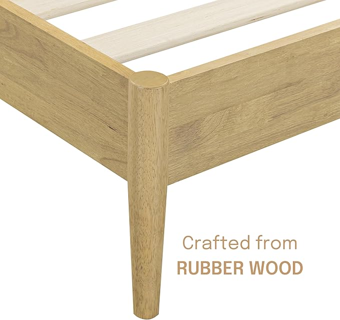 NTC Lupin Wooden Bed Frame with Headboard, Solid Oak and Rubber Wood Foundation with Silent Slats and Wood Central Supports, 1000 Lb Capacity, King - Sand