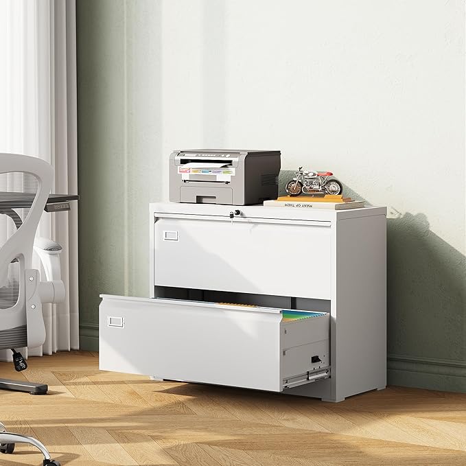 DEVAISE Metal Lateral File Cabinet with Lock, 2 Drawer Filing Cabinets for Home Office, Wide Storage Organization for Hanging Files Letter/A4/Legal/F4 Size, White, 16" D x 35" W x 29" H