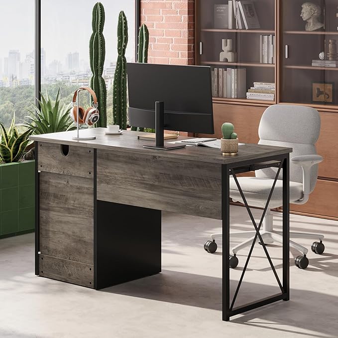 Bestier 47" Office Desk with Drawers, Industrial Computer Desk with Drawer, Reversible Teacher Desk with Storage & Keyboard Tray for Small Space Home Office & Studio, Gray Wash