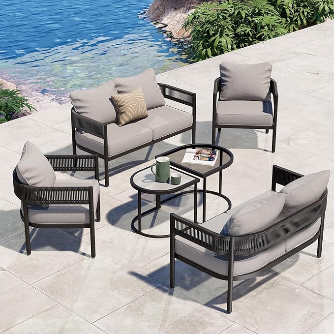 Grand patio 6-Piece Outdoor Furniture Set, 6 Seats Wicker Sofa Conversation Set with Thick Cushions and Coffee Table, for Backyard, Balcony, Garden (Beige)