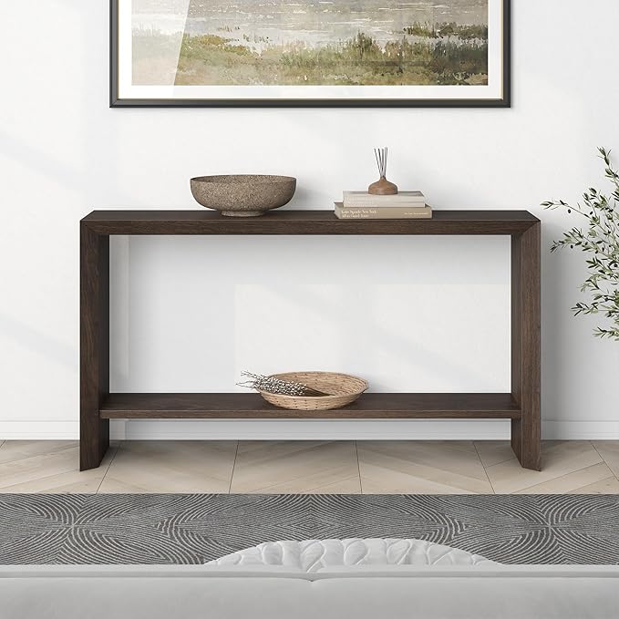 Henn&Hart 55'' Wooden Rectangular Console Table Entryway Table, Sofa Table with Wooden Storage Shelf for Entryway, Living Room, Couch, Hallway, or Office, Alder Brown