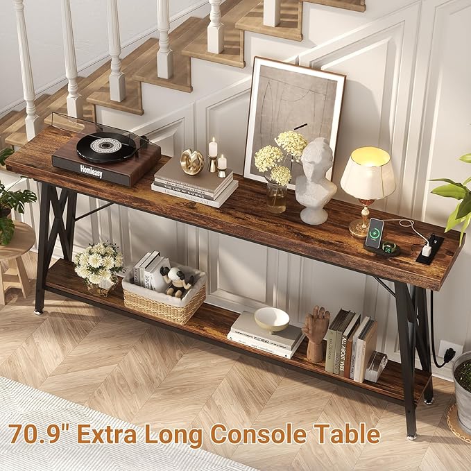 Homieasy 70.9 Inch Extra Long Console Table, Industrial Sofa Table Behind Couch with Charging Station & Storage Shelf, Entryway Table for Living Room & Entryway, Rustic Brown