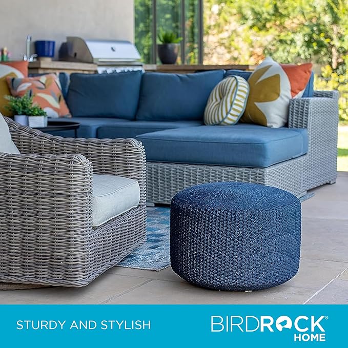 BIRDROCK HOME Outdoor Pouf Ottoman | Hand Woven Waterproof Foot Stool with Bead Bag Filling | Boho Foot Rest for Patio, Living Room, Porch & Outdoor Seating | Lightweight, Soft Stuffed Chair | Navy