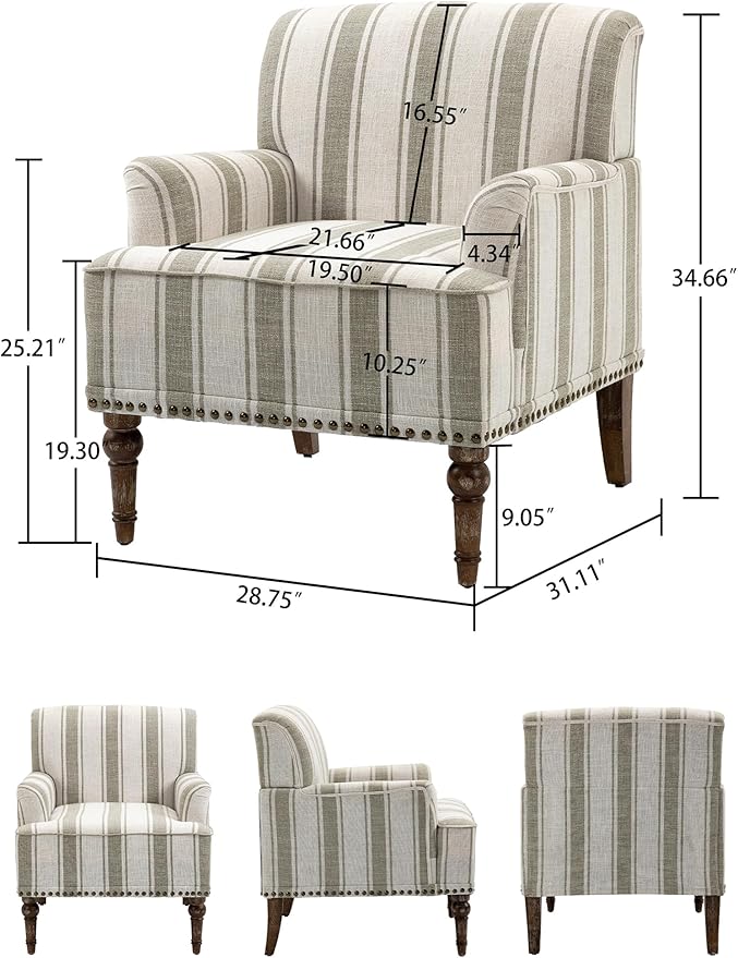 Accent Chair, Mid Century Modern Comfy Armchair for Living Room, Linen Fabric Single Sofa Lounge for Reading Bedroom Apartment Waiting Room with Wood Legs (Brown Stripe, Set of 1)