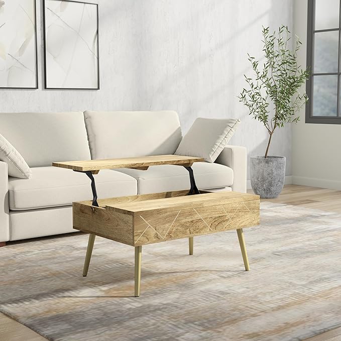 SIMPLIHOME Jager Lift Top Coffee Table - 36 inch Wide Solid Mango Wood Contemporary Modern Cocktail Table in Natural, Stylish Living Room Table with Hidden Storage, Brass Inlay, and Gold Metal Legs
