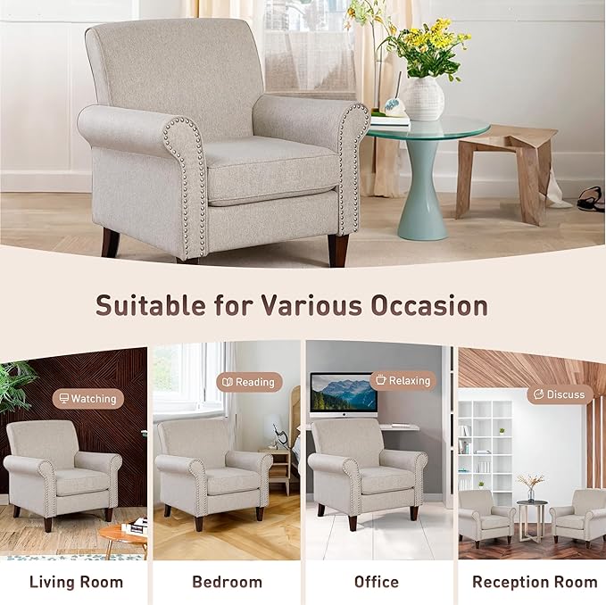 Prilinex Upholstered Living Room Chair Set of 4 - Large Comfy Fabric Accent Chair Single Sofa with Cushion, Rolled Armrest & Nailhead Trim, Mid Century Farmhouse Armchair for Bedroom, Office, Beige