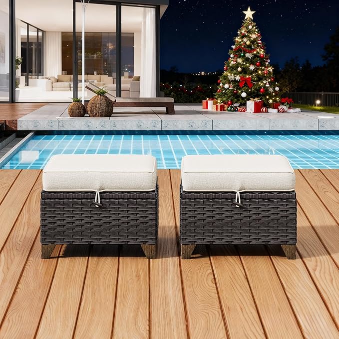 2 Pieces Patio Outdoor Ottomans with Removable and Washable Covers,PE Rattan Wicker Footstools for Porch, Garden, Sunroom (Beige)
