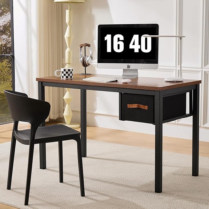 Computer Desk with Drawer, 47 Inch Home Office Work Desks, Modern Writing Study PC Desk Gaming Table for Small Place Bedroom, Thickened Tabletop and Stable Metal Frame Leg(Rustic Brown)