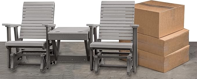 DutchCrafters Modern Horizontal Slat High Back Poly Double Glider Chairs with Center Table Outdoor Patio Furniture (Black & Cedar)