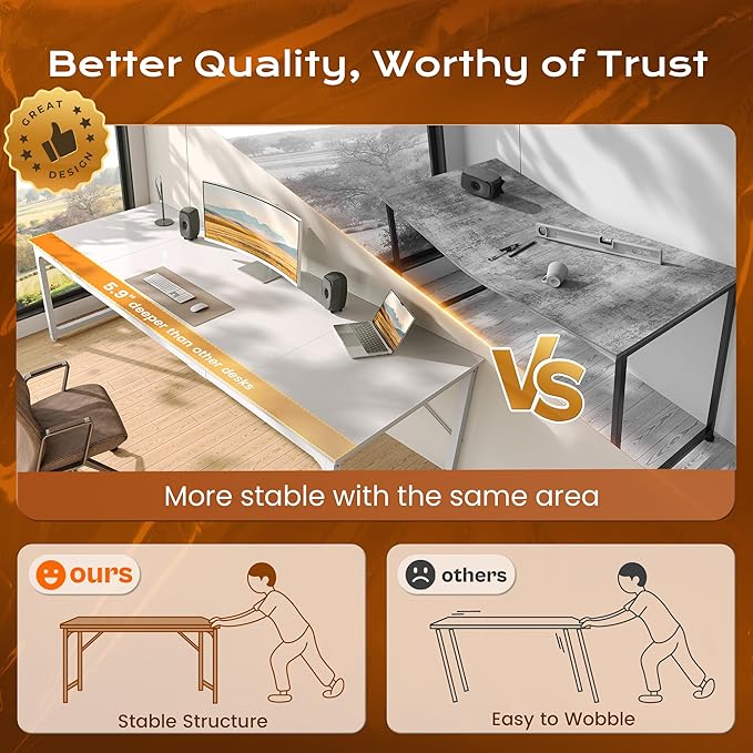 PRAISUN 63 x 29.5 Inch Computer Desk with Deeper Desktop, Gaming Office Writing Work Desk for Home Office, Study, Bedroom, Work from Home, Metal Frame, White