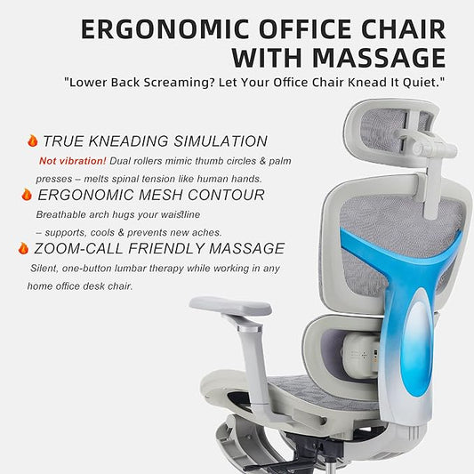 Ergonomic Home Office Desk Chair with Massage Lumbar Support,4D Headrest & 5D Armrests, Reclining Big and Tall 400LBS Mesh Chair with Footrest,Adjustable Back High and Seat Depth(Gray)