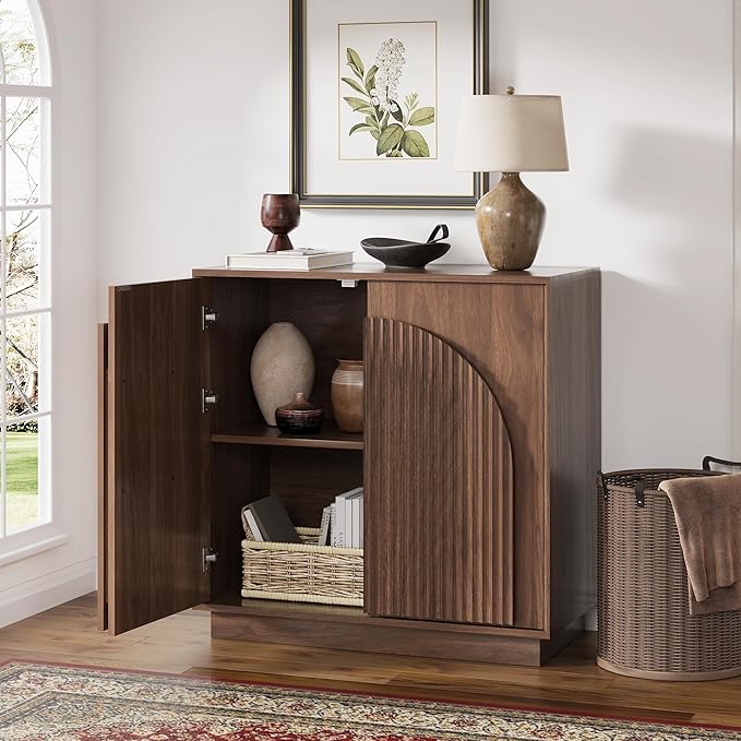 WIN2WIN Fluted Sideboard Buffet Cabinet with Storage, 31.5" Mid Century Modern Accent Cabinet with Double-Layered Arch Door, Small Wood Console Credenza for Dining Living Room Entryway Hallway, Walnut