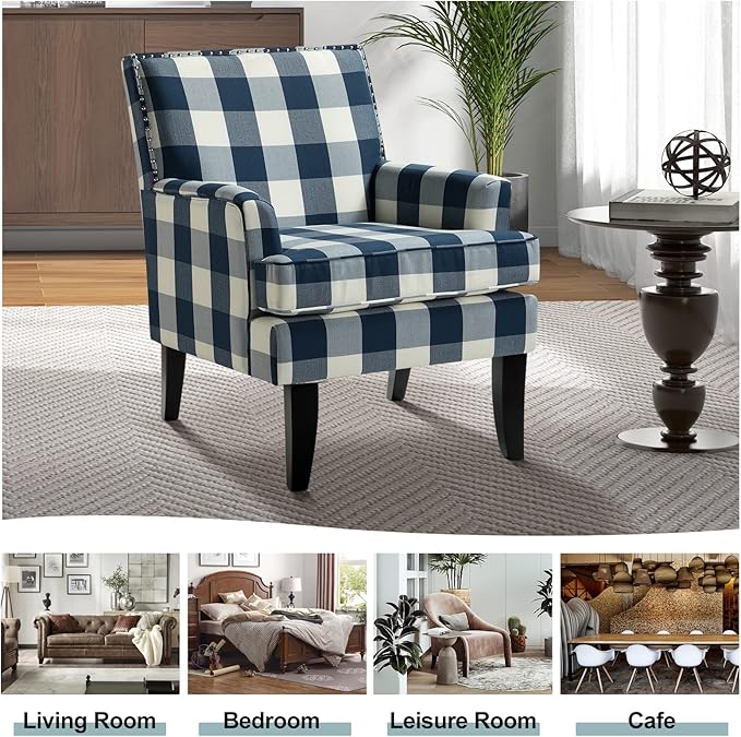 HULALA HOME Modern Accent Chair with Arms and Wooden Legs, Buffalo Plaid Accent Chair Armchair High Back Rest, Padded Armrest and Comfortable Cushioned Seat for Living Room (Buffalo Navy)