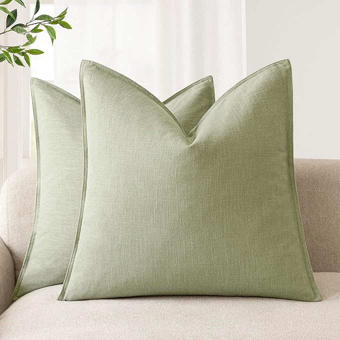 Foindtower Pack of 2, Decorative Linen Solid Throw Pillow Covers Soft Accent Cushion Case Boho Farmhouse Pillowcase for Chair Couch Sofa Bedroom Living Room Home Decor 22 x 22 Inch Light Sage Green