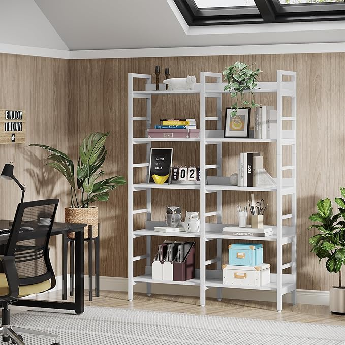 Tribesigns 5-Tier Industrial Bookshelf, 71”H x 47”W Etagere Bookcase, Freestanding Double Wide Book Shelf for Storage and Display, Wood and Metal Bookshelves for Living Room Home Office, White