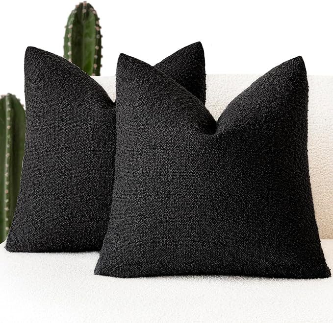 Foindtower Set of 2, Decorative Textured Boucle Throw Pillow Covers Accent Solid Pillow Cases Neutral Soft Couch Cushion Case for Chair Sofa Bedroom Living Room Home Decor 24 x 24 Inch Black