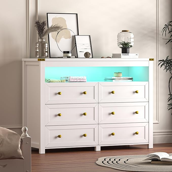 Dresser for Bedroom with 6 Drawers, Wide Chest of Drawers with LED Light and Power Outlet, Wooden Closet Organizer Clothes Storage Cabinet, Modern Double Dressers for Living Room, Hallway, White
