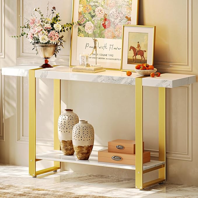 Huuger 47.2 Inch Entryway Table with Marble Top, 2-Tier Modern Console Sofa Table with Storage, Accent Table, for Entry, Hallway, Entrance, Foyer, T-Shaped Metal Frame, White Marble & Gold