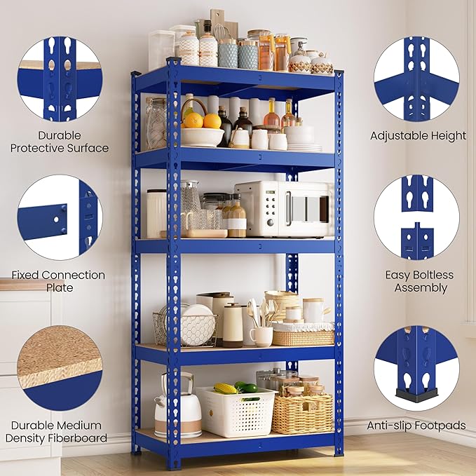 Yaheetech Storage Shelves 5 Tier Garage Shelving Heavy Duty Garage Shelves Adjustable Metal Shelving Unit Utility Rack Industrial Shelving for Warehouse Pantry Closet, 27.5" W x 12" D x 60" H, Blue
