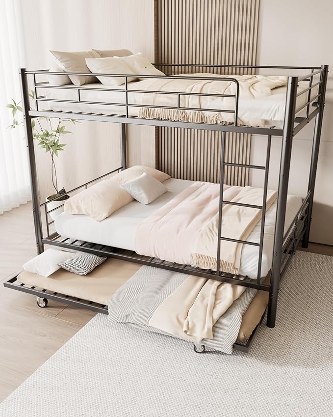 Full Over Full Bunk Bed with Trundle, Heavy Duty Metal Bed Frame with Full-Length Guardrails & Ladder, 3-in-1 Convertible Full Bunk Bed, Noise-Free, No Box Spring Needed, Black