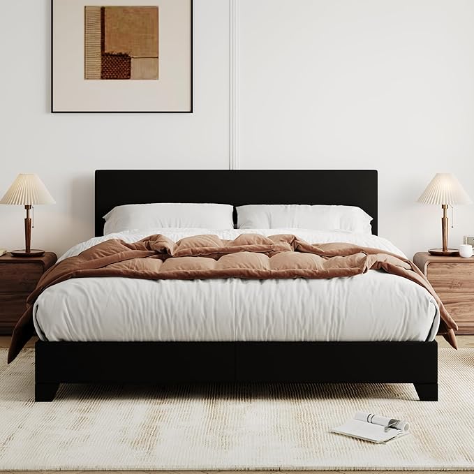 Allewie Full Size Bed Frame with Adjustable Headboard, Faux Leather Platform Bed with Wood Slats, Heavy Duty Mattress Foundation, No Box Spring Needed, Noise-Free, Easy Assembly, Black