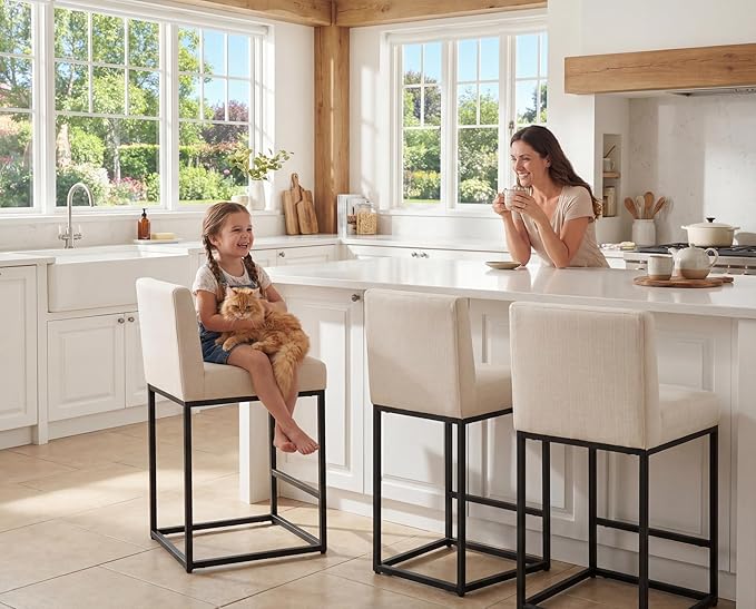 27" Height Bar Stools Set of 4 Counter Height Stools with Back and Footrest for Kitchen Modern Metal Barstools, Linen Upholstered Farmhouse Bar Chairs Island Stools, Cream