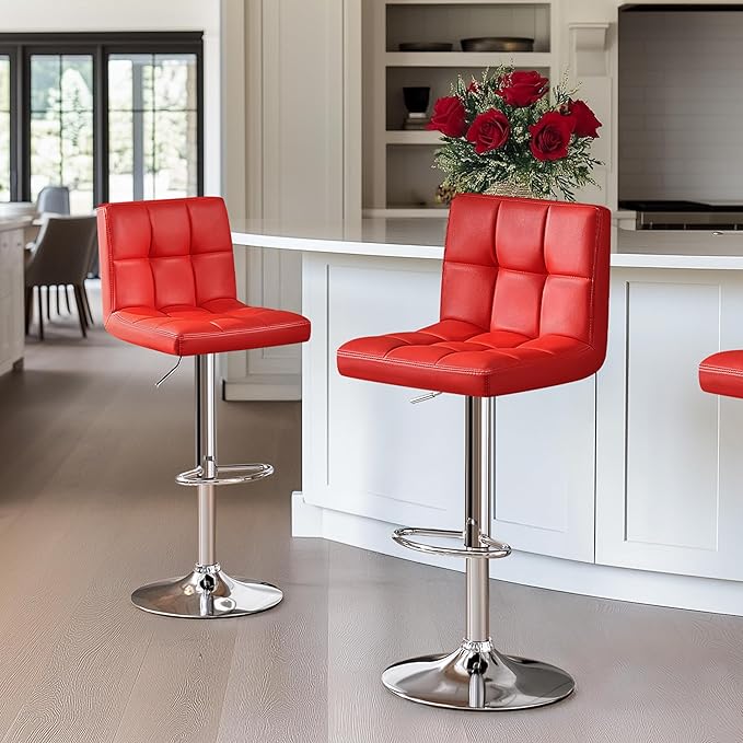 Yaheetech Bar Stools Set of 2, Adjustable PU Leather Swivel Barstools, Modern Counter Stools with Back and Footrest, Counter Height Barstools for Bar, Kitchen, Dining Room, Red