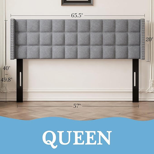 VECELO Headboard Queen Size, Linen Upholstered Headboards Only with Nailhead Trim Wingback, Square Stitched Design, Adjustable Height from 40" to 49.8", Light Grey