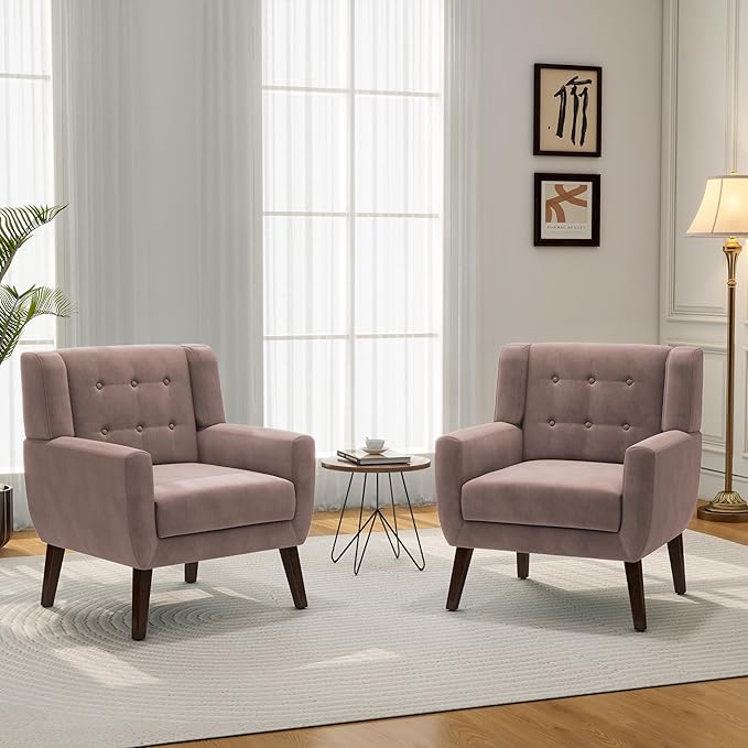 Accent Chair, Modern Velvet Arm Chair for Living Room, Bedroom, Comfy High-Resilient Sponge Reading Chair for Small Spaces (Velvet Silk Pink, Set of 2