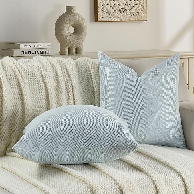 FUTEI Light Blue Chenille Throw Pillow Covers 24x24 Inch Set of 2,Soft Wide Chevron Textured European Pillow Shams,Farmhouse Home Decor for Couch Bed Living Room