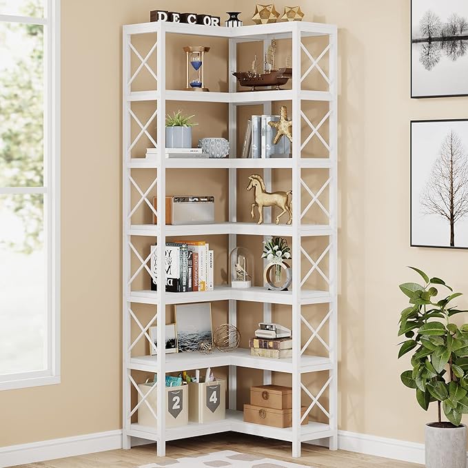 Tribesigns 7-Shelf Corner Bookshelf,Large Modern Corner Bookcase, 7-Tier Tall Corner Shelf Storage Display Rack with Metal Frame for Living Room Home Office (White)