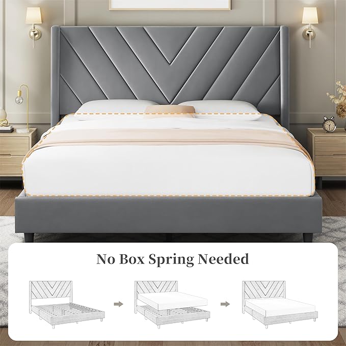 Yaheetech Queen Bed Frame Upholstered Platform Bed with Wing Side/Wooden Slat Support/Tufted Headboard with Wing Side/Mattress Foundation/No Box Spring Needed,Light Grey Queen Bed