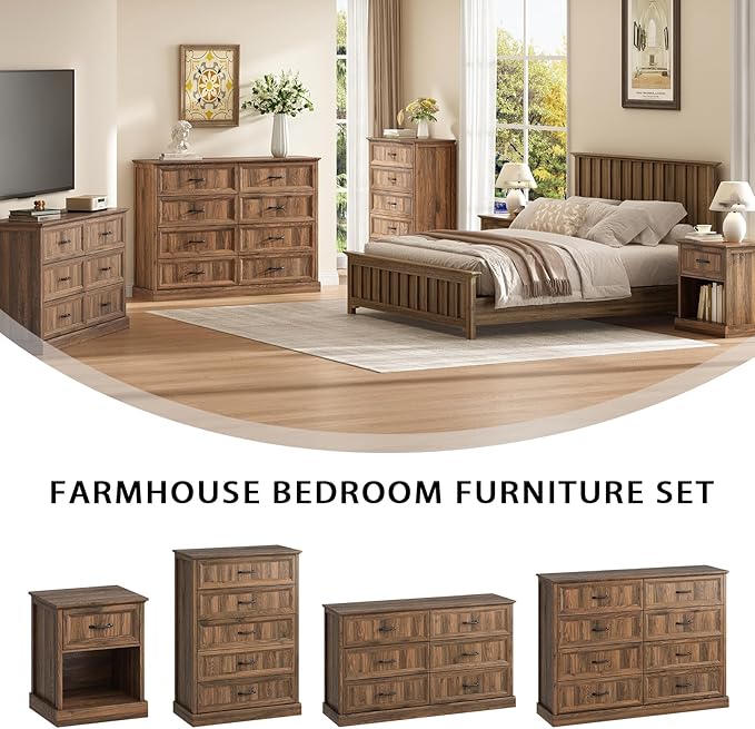 Farmhouse 8 Drawer Dresser for Bedroom, 55 Inch Wide Modern Walnut Dresser TV Stand with Large Drawers & Bar Handles, Rustic Wood Chest of Drawers for Bedroom, Living Room, Hallway, Entryway.
