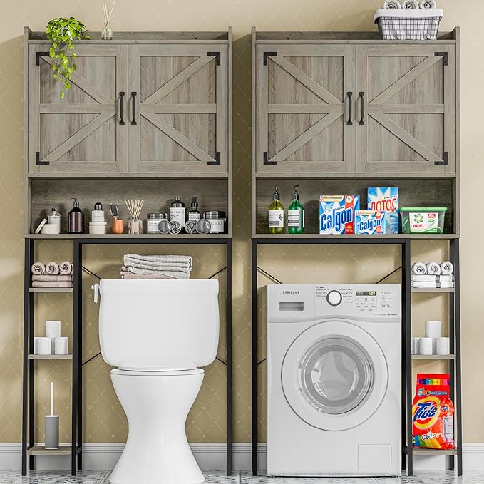 Vabches Over The Toilet Storage Cabinet, Farmhouse Storage Cabinet Over Toilet with 2 Barn Door & Toilet Paper Holder Stand,Home Space-Saving Toilet Rack, for Bathroom, Restroom, Laundry