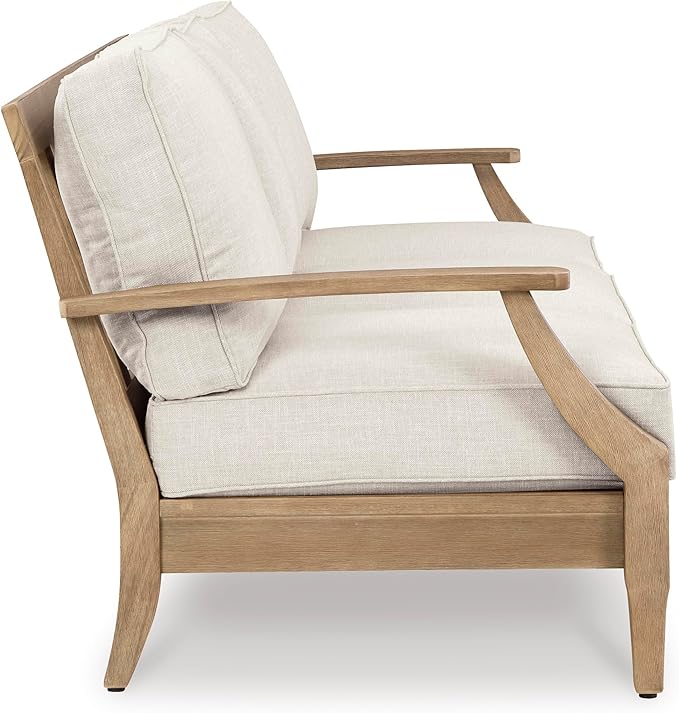 Signature Design by Ashley Carter Hall Outdoor Eucalyptus Wood Patio Sofa – Cushioned with UV-Resistant Nuvella Fabric, 5-Step Protective Finish, Beige