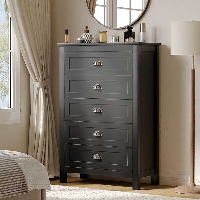 5 Drawer Dresser, Farmhouse Tall Dresser for Bedroom, Antique Black Chest of Drawers, Modern Dressers for Bedroom, Closet