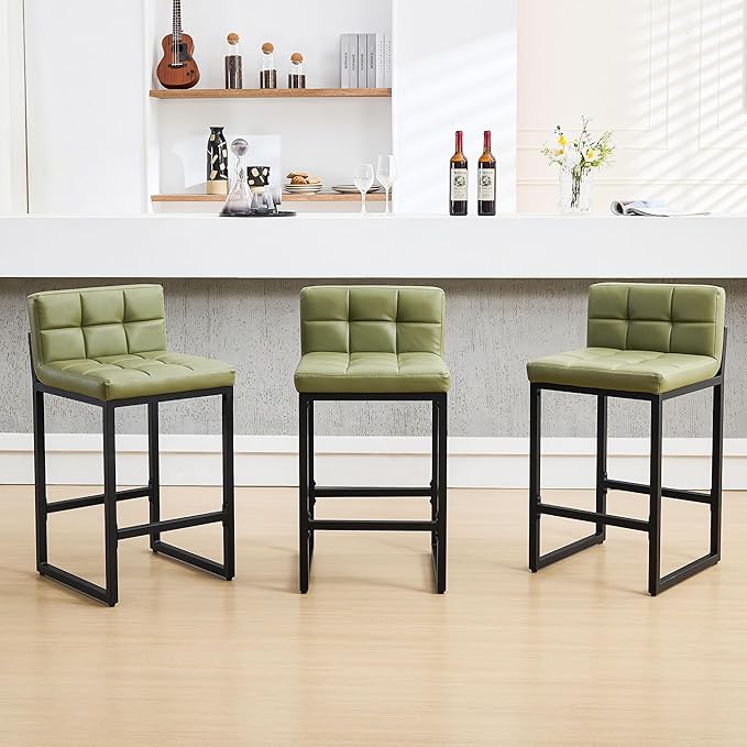 Bar Stools Set of 3, Upholstered PU Leather Counter Height Barstools with Low Back and Thickened Metal Legs, Modern Counter Stools for Kitchen Island (Avocado Green, 3Pcs 26" Bar Stools)
