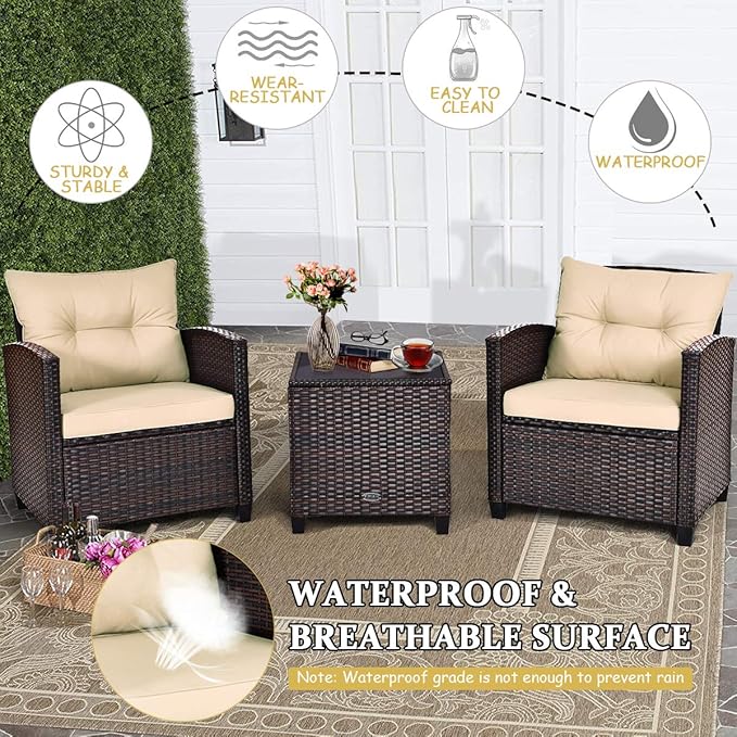 Tangkula 3 Pieces Patio Furniture Set, PE Rattan Wicker 3 Pcs Outdoor Sofa Set w/Washable Cushion and Tempered Glass Tabletop, Conversation Furniture for Garden Poolside Balcony (Beige)