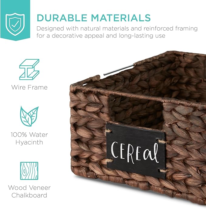 Best Choice Products Set of 4 9x12in Water Hyacinth Pantry Baskets, Woven Organizers w/Chalkboard Label, Chalk Marker - Brown
