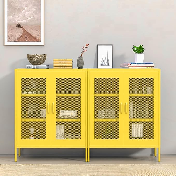Yellow Metal Storage Cabinet with Mesh Doors, Office Metal Locker Cabinet, Metal Display Cabinet with 2 Adjustable Shelves for Home, Office, Kitchen