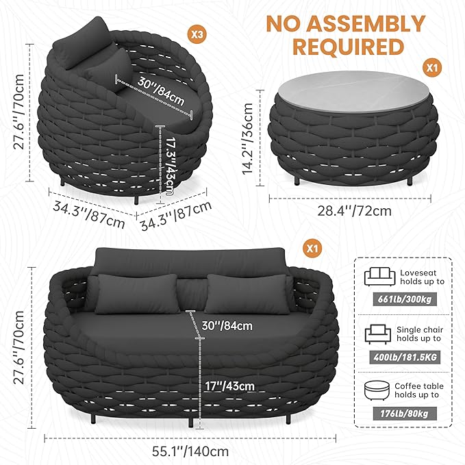 Fully Assembled Patio Furniture Set: 5 Pieces Woven Rope Outdoor Conversation Set Cushioned - Modern Metal Deck Loveseat Chair Table Set - Porch Seating For Yard Garden Poolside Hotel, Dark Grey