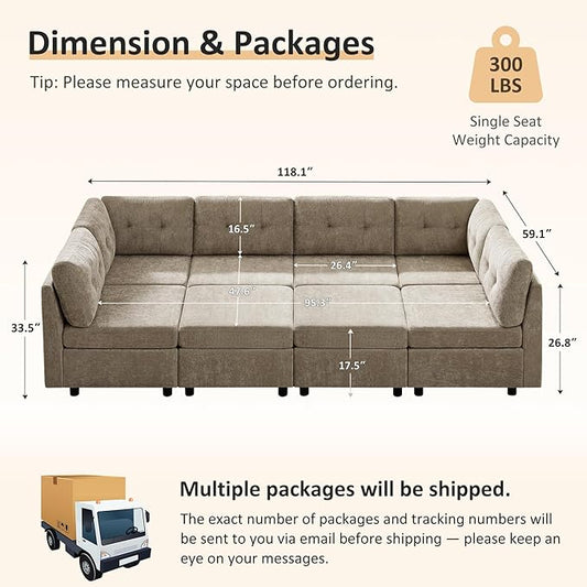 VANOMi 6 Seat Modular Cloud Sofa with 2 Ottomans, 118" Convertible Modular Sectional Sofa Bed, Comfy Chenille Sofas & Couches for Living Room, Apartment, Office, Camel, Large Sofa Bed