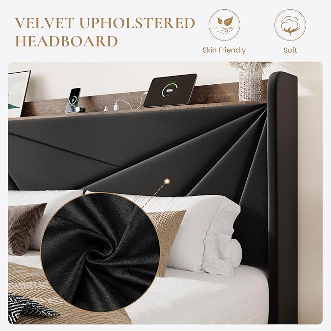 SHA CERLIN Full Size Bed Frame with 3 Drawers, USB & Type-C Charging Ports, Velvet Upholstered Platform Bed with Modern Geometric Wingback Storage Headboard, No Box Spring Needed, Easy Assembly, Black